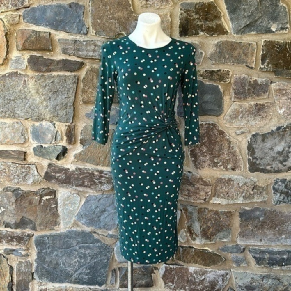 Boden Rosalie Polka Dot Green Stretch Knit Midi Dress US Sz 6 Ruched Waist